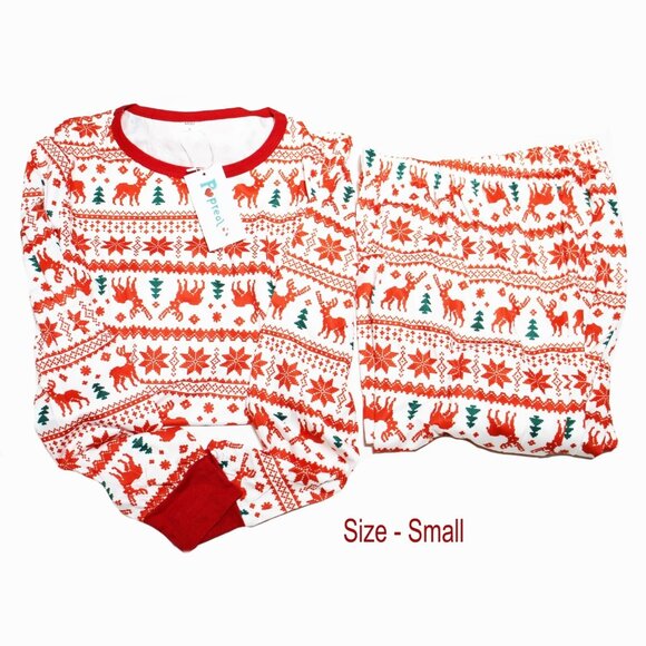 PopReal Christmas Pajamas Womens Red Green Moose Trees Snowflakes Size Small - Picture 1 of 1